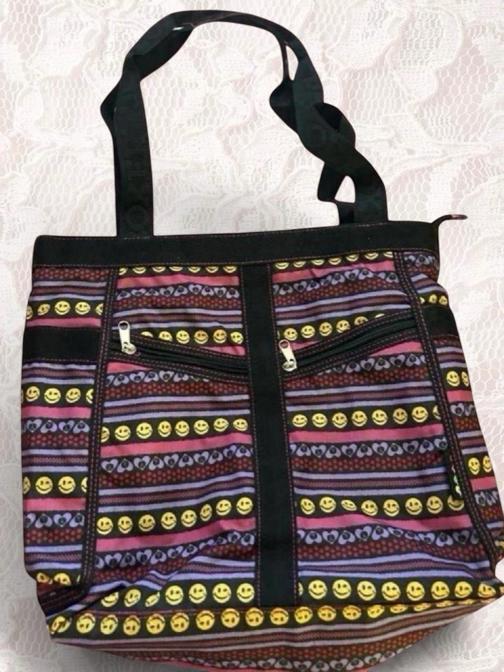 Joe Boxer Black Tote with Multicolor Smiley Stripe Pattern